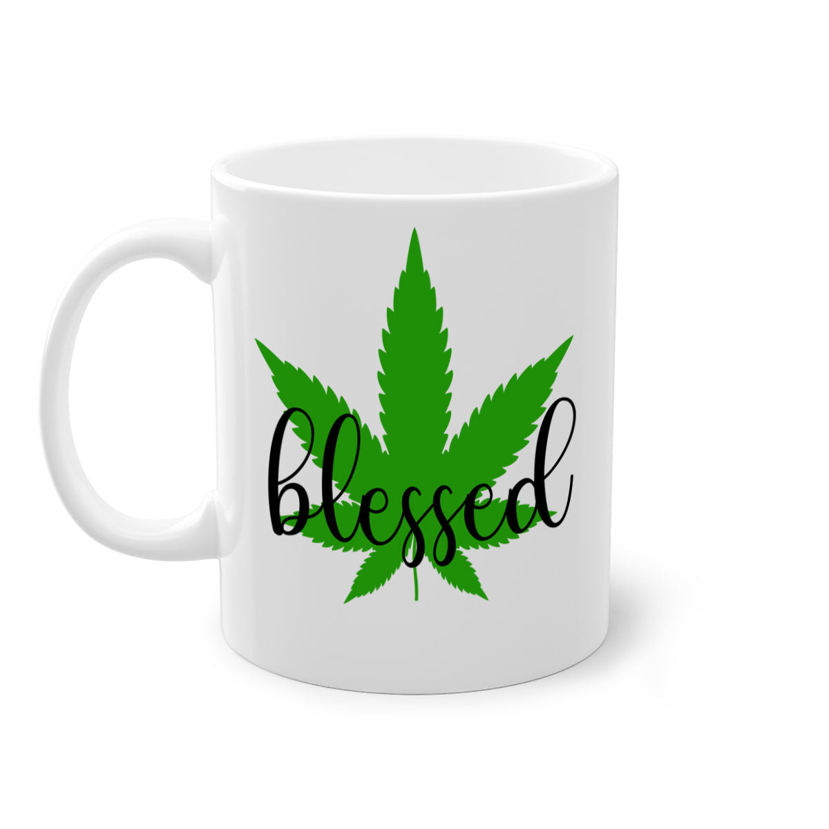 A two-tone Blessed 17# Marijuana Mug featuring a glossy finish, colored handle, and interior, available in five vibrant colors.