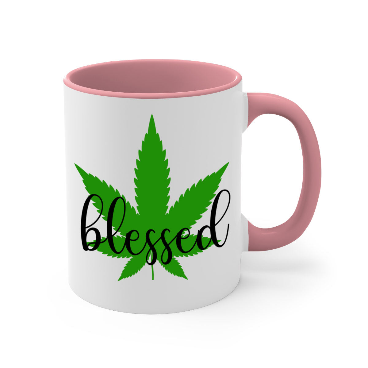 A two-tone Blessed 17# Marijuana Mug featuring a glossy finish, colored handle, and interior, available in five vibrant colors.