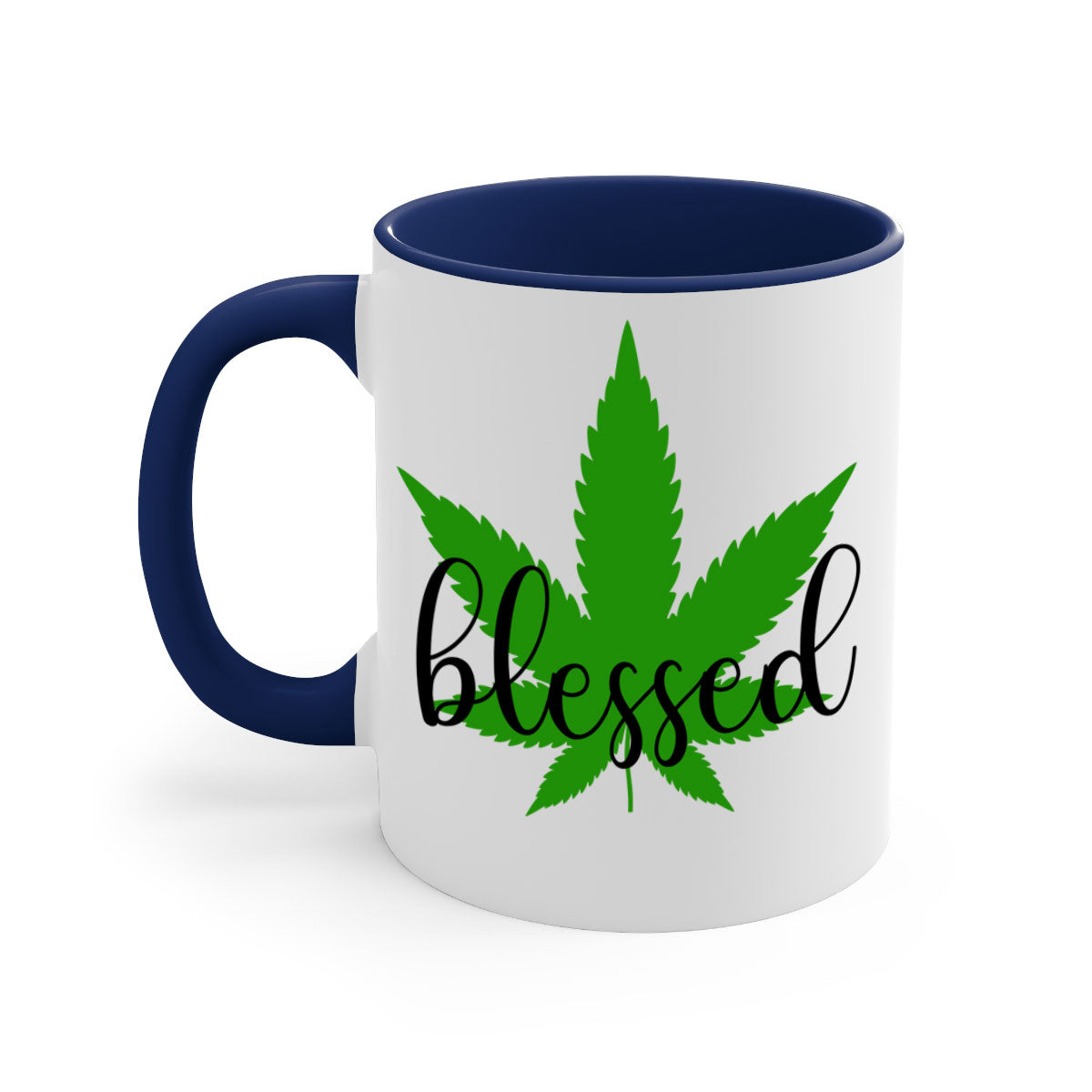 A two-tone Blessed 17# Marijuana Mug featuring a glossy finish, colored handle, and interior, available in five vibrant colors.