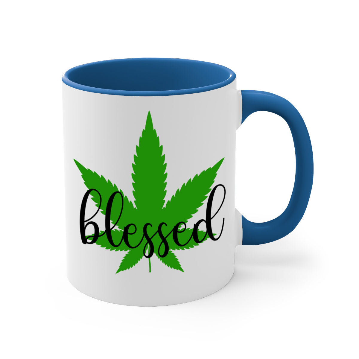 A two-tone Blessed 17# Marijuana Mug featuring a glossy finish, colored handle, and interior, available in five vibrant colors.