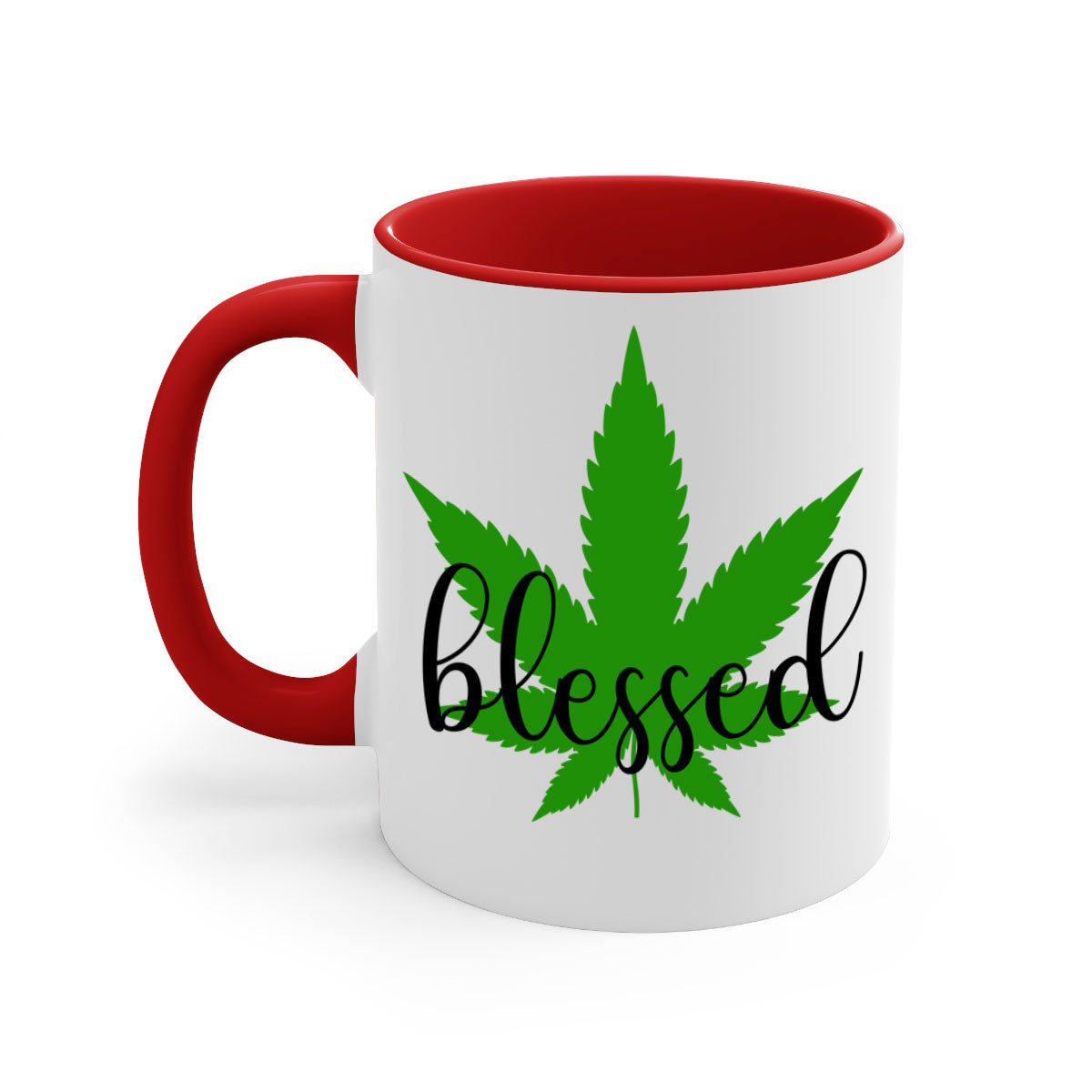 A two-tone Blessed 17# Marijuana Mug featuring a glossy finish, colored handle, and interior, available in five vibrant colors.