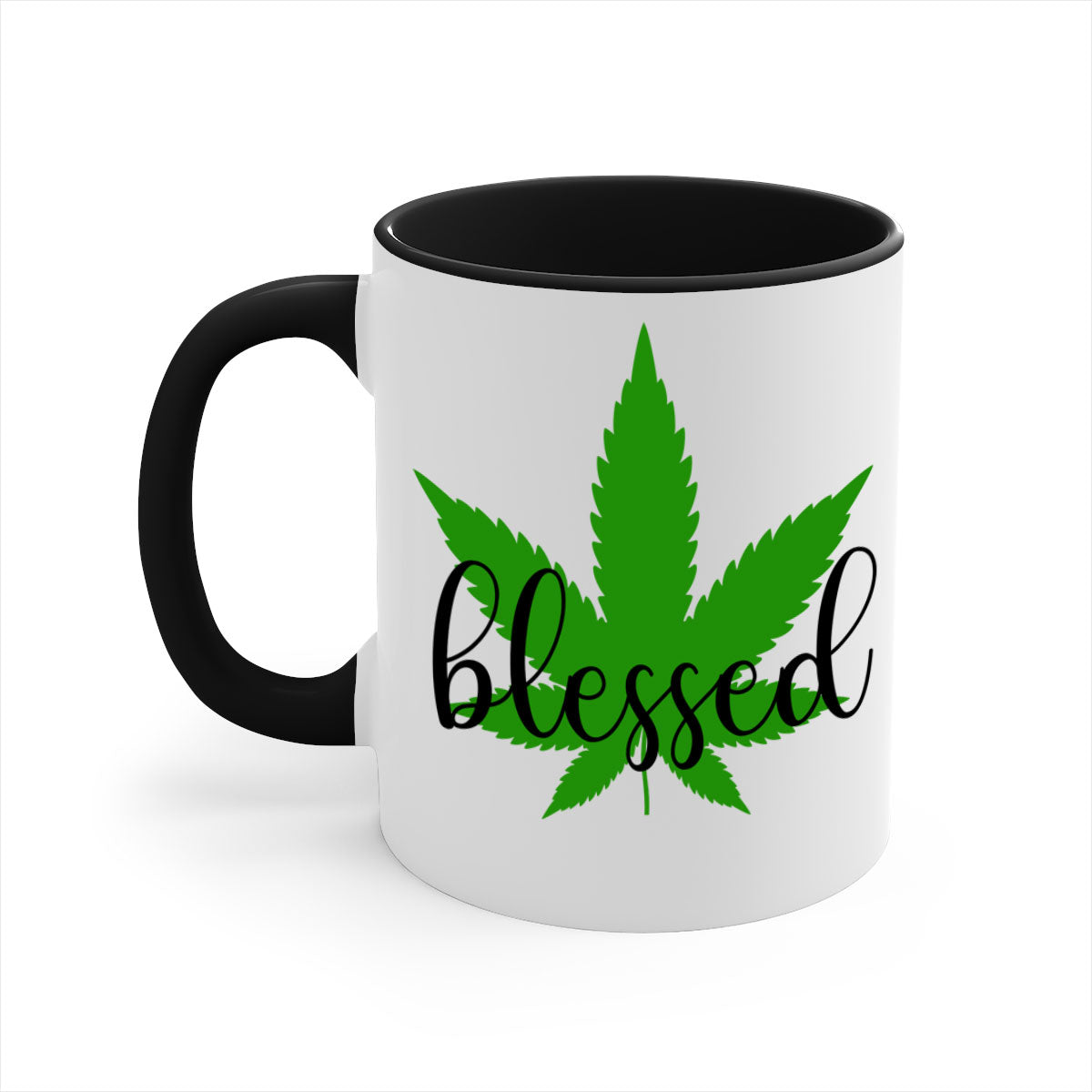 A two-tone Blessed 17# Marijuana Mug featuring a glossy finish, colored handle, and interior, available in five vibrant colors.