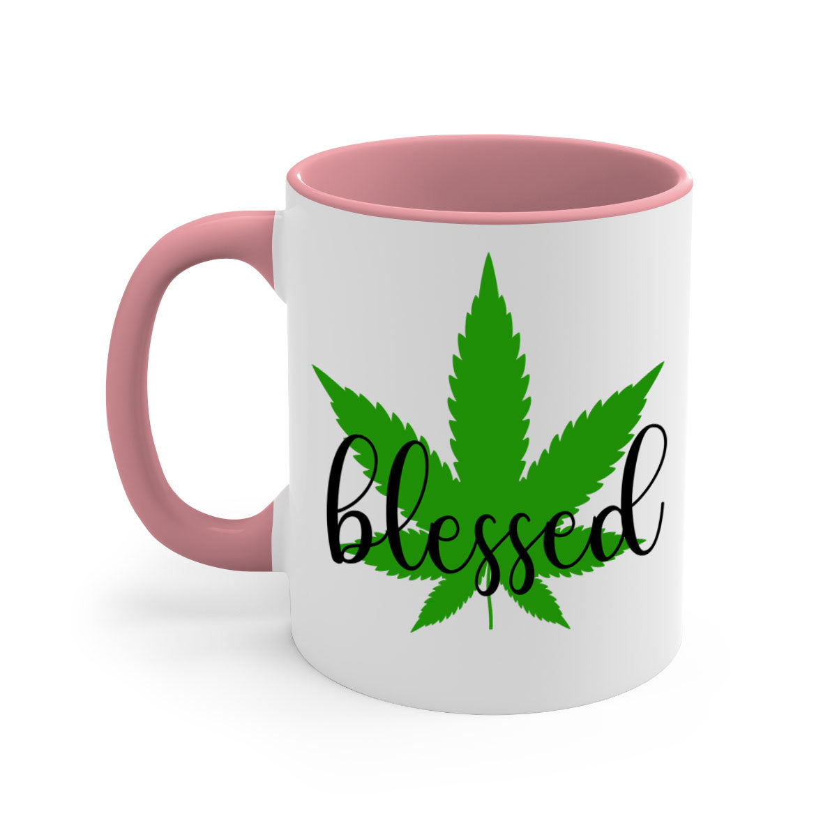 A two-tone Blessed 17# Marijuana Mug featuring a glossy finish, colored handle, and interior, available in five vibrant colors.