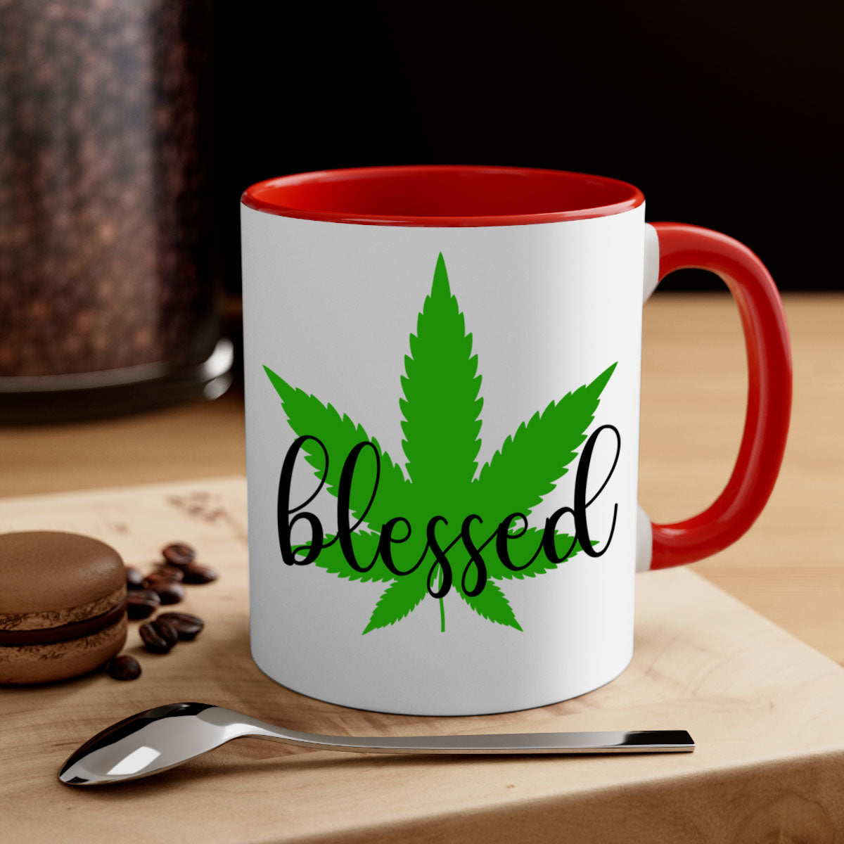 A two-tone Blessed 17# Marijuana Mug featuring a glossy finish, colored handle, and interior, available in five vibrant colors.