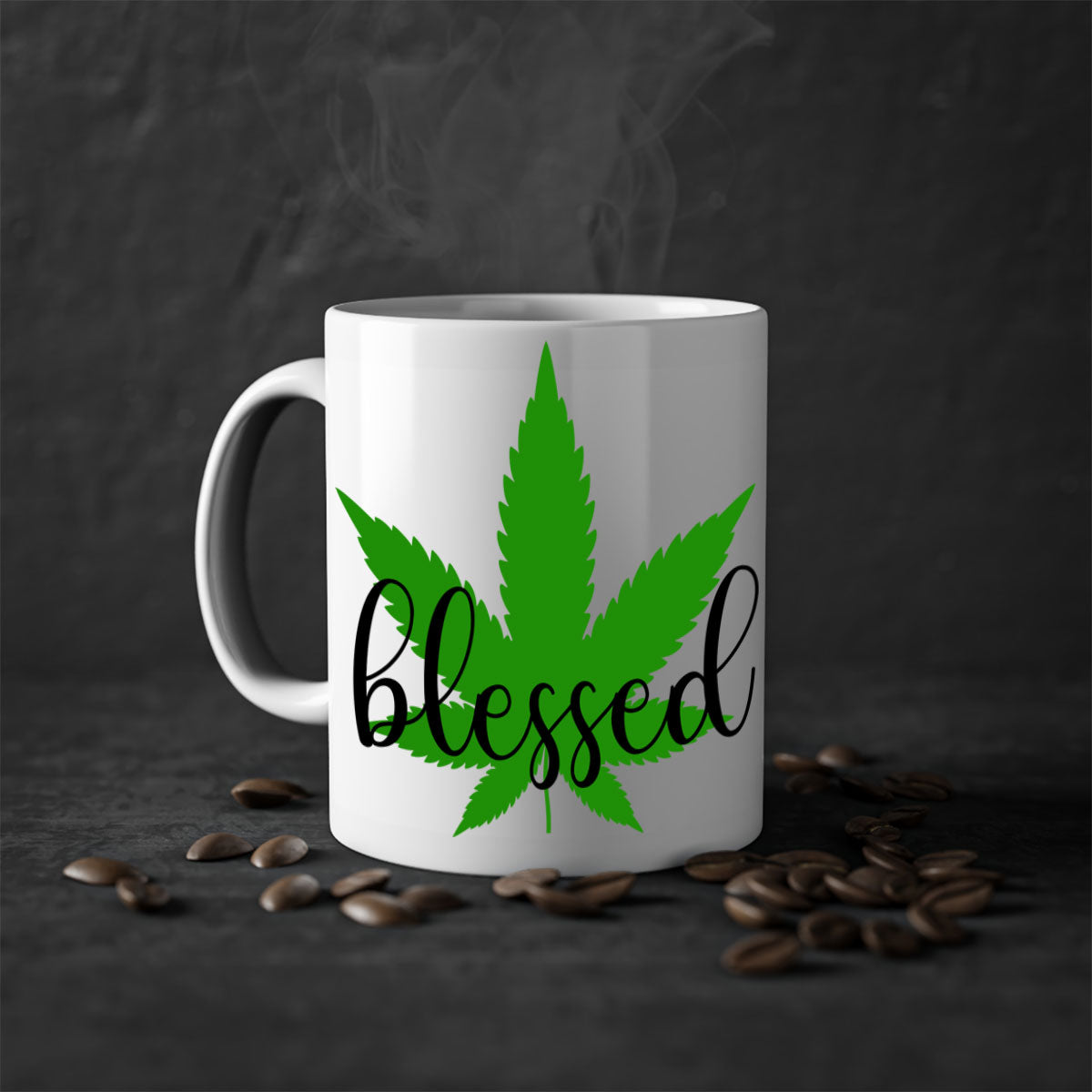 A two-tone Blessed 17# Marijuana Mug featuring a glossy finish, colored handle, and interior, available in five vibrant colors.