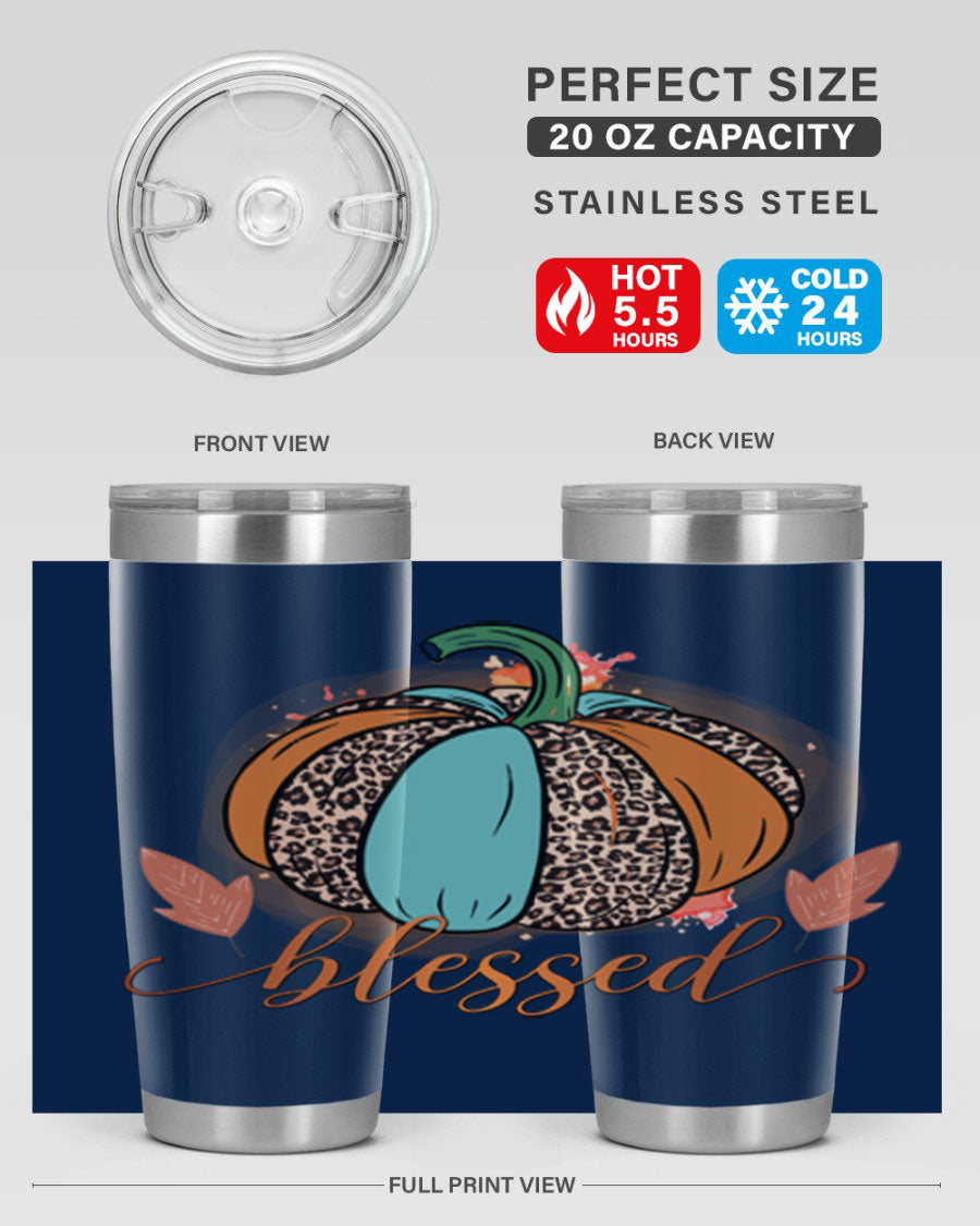 Blessed 50# Tumbler in stainless steel with a drink-thru lid, showcasing its sleek design and double wall insulation.