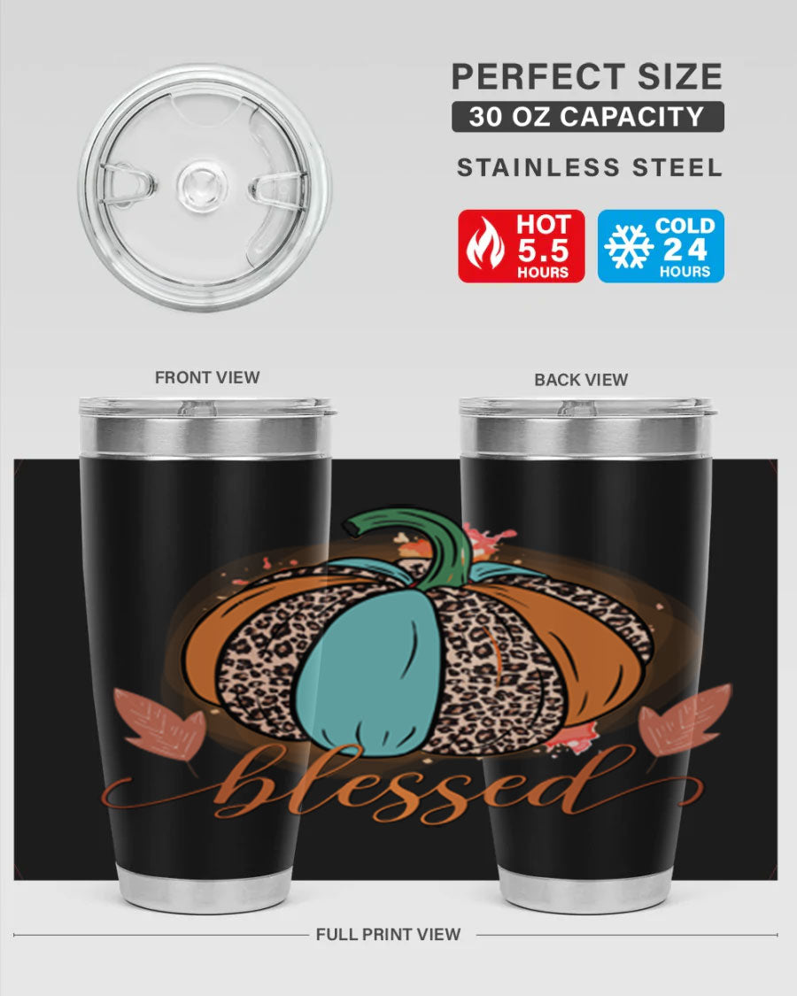 Blessed 50# Tumbler in stainless steel with a drink-thru lid, showcasing its sleek design and double wall insulation.