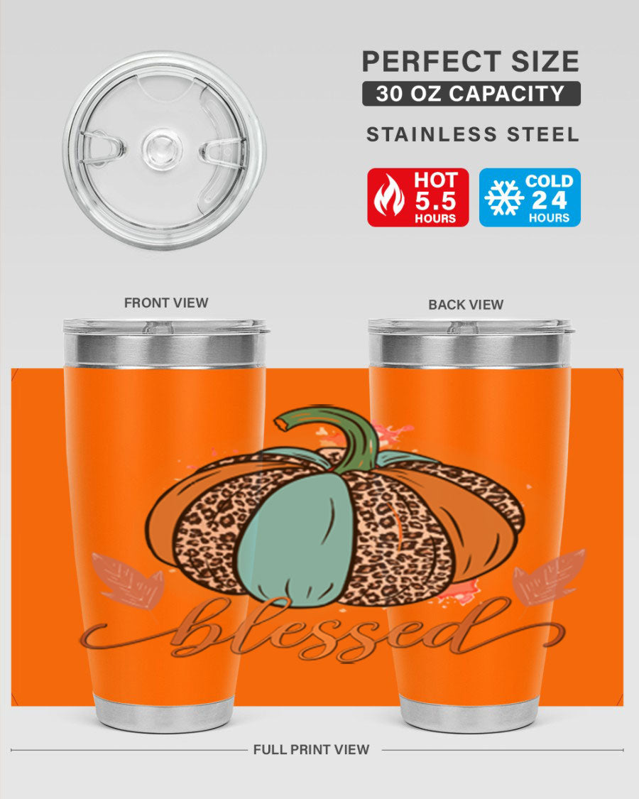 Blessed 50# Tumbler in stainless steel with a drink-thru lid, showcasing its sleek design and double wall insulation.