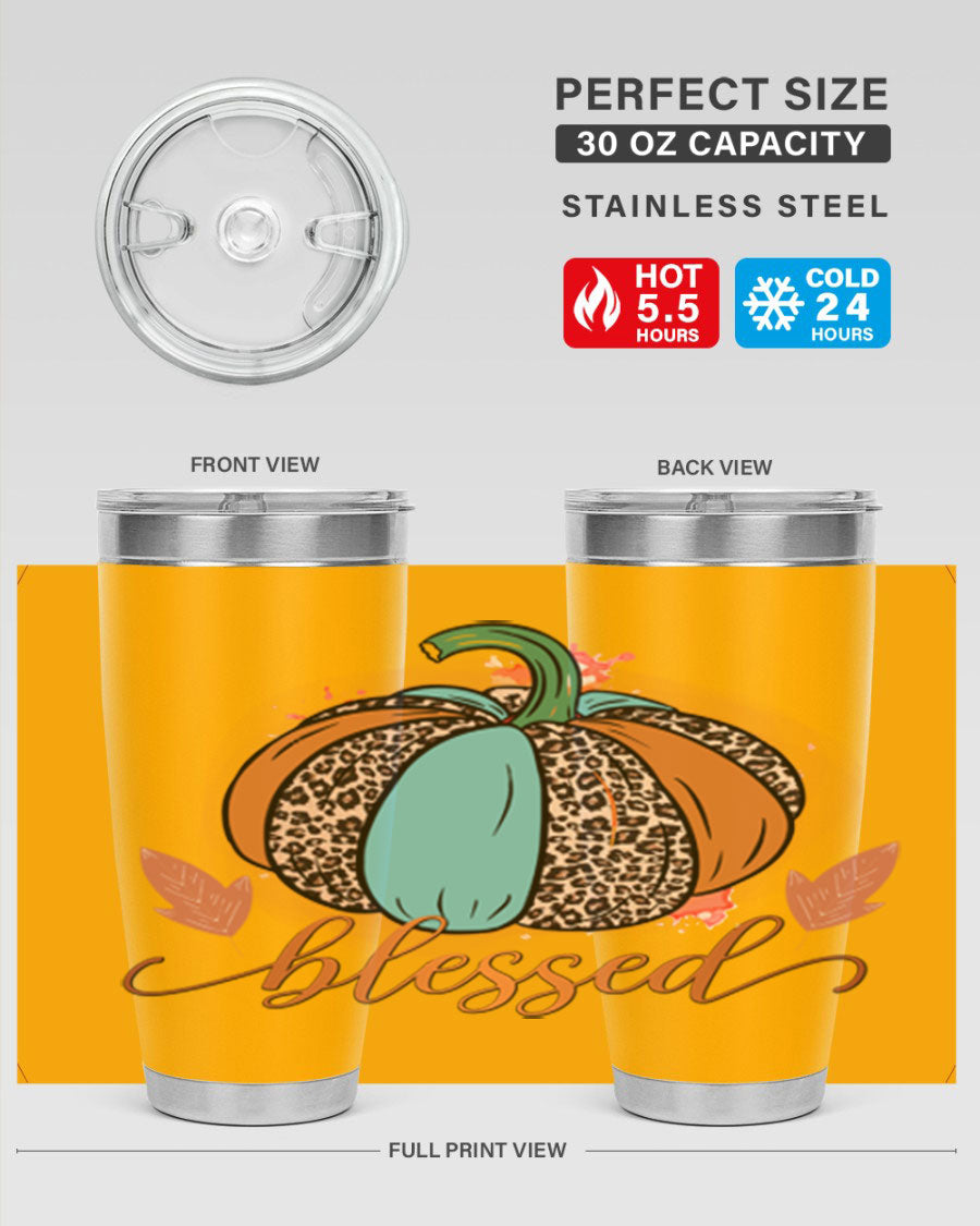 Blessed 50# Tumbler in stainless steel with a drink-thru lid, showcasing its sleek design and double wall insulation.