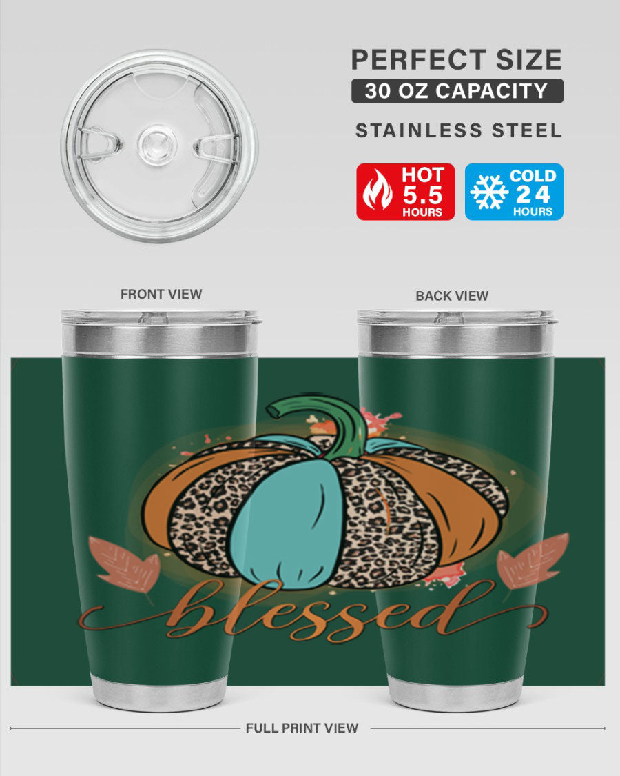 Blessed 50# Tumbler in stainless steel with a drink-thru lid, showcasing its sleek design and double wall insulation.