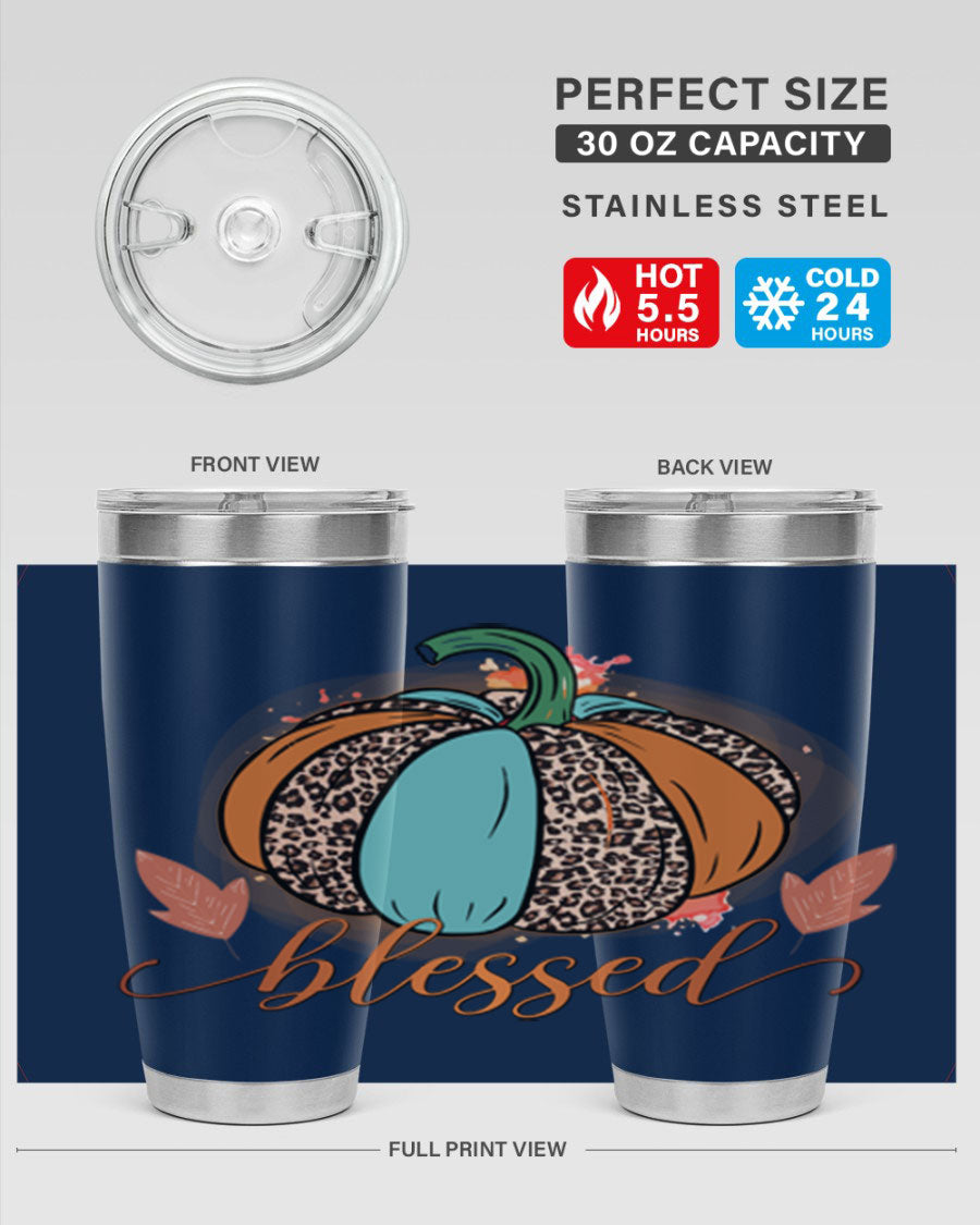 Blessed 50# Tumbler in stainless steel with a drink-thru lid, showcasing its sleek design and double wall insulation.