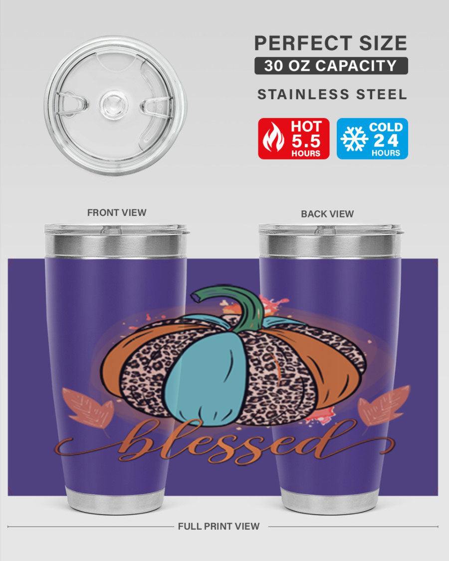 Blessed 50# Tumbler in stainless steel with a drink-thru lid, showcasing its sleek design and double wall insulation.