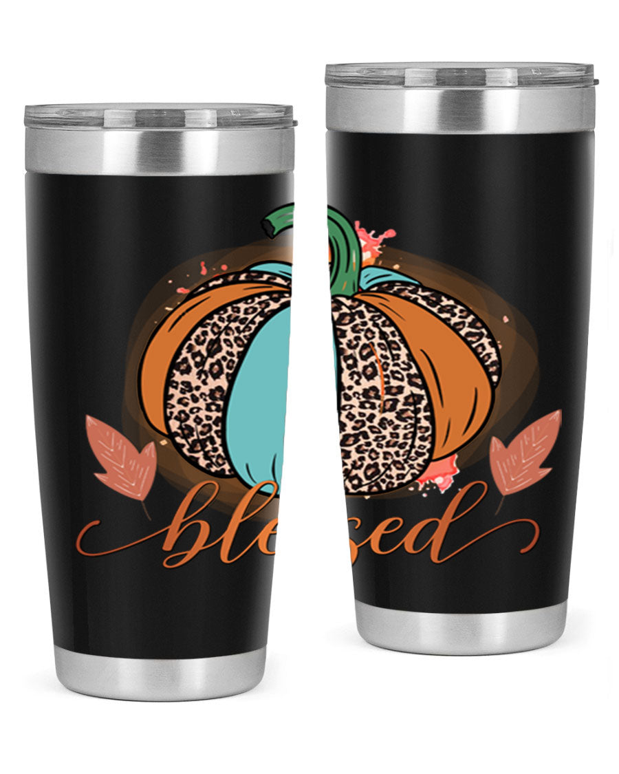 Blessed 50# Tumbler in stainless steel with a drink-thru lid, showcasing its sleek design and double wall insulation.