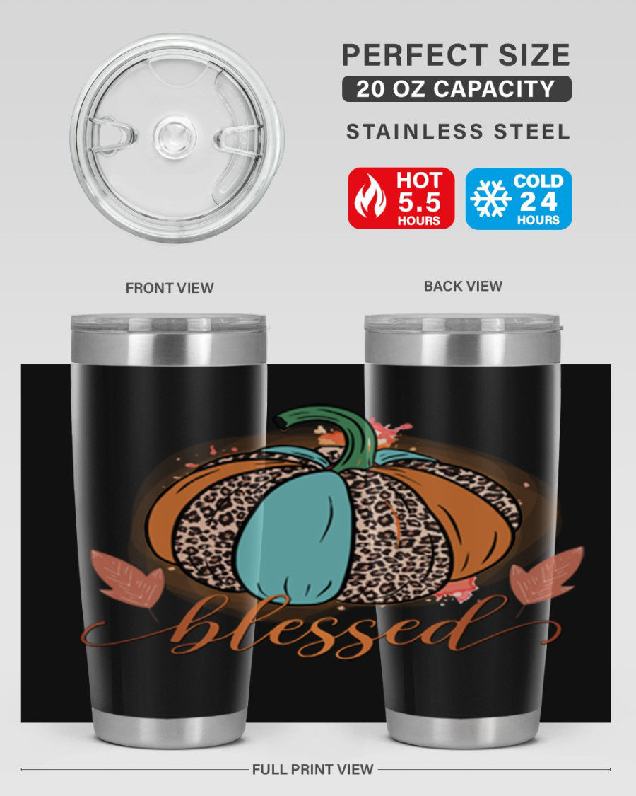 Blessed 50# Tumbler in stainless steel with a drink-thru lid, showcasing its sleek design and double wall insulation.