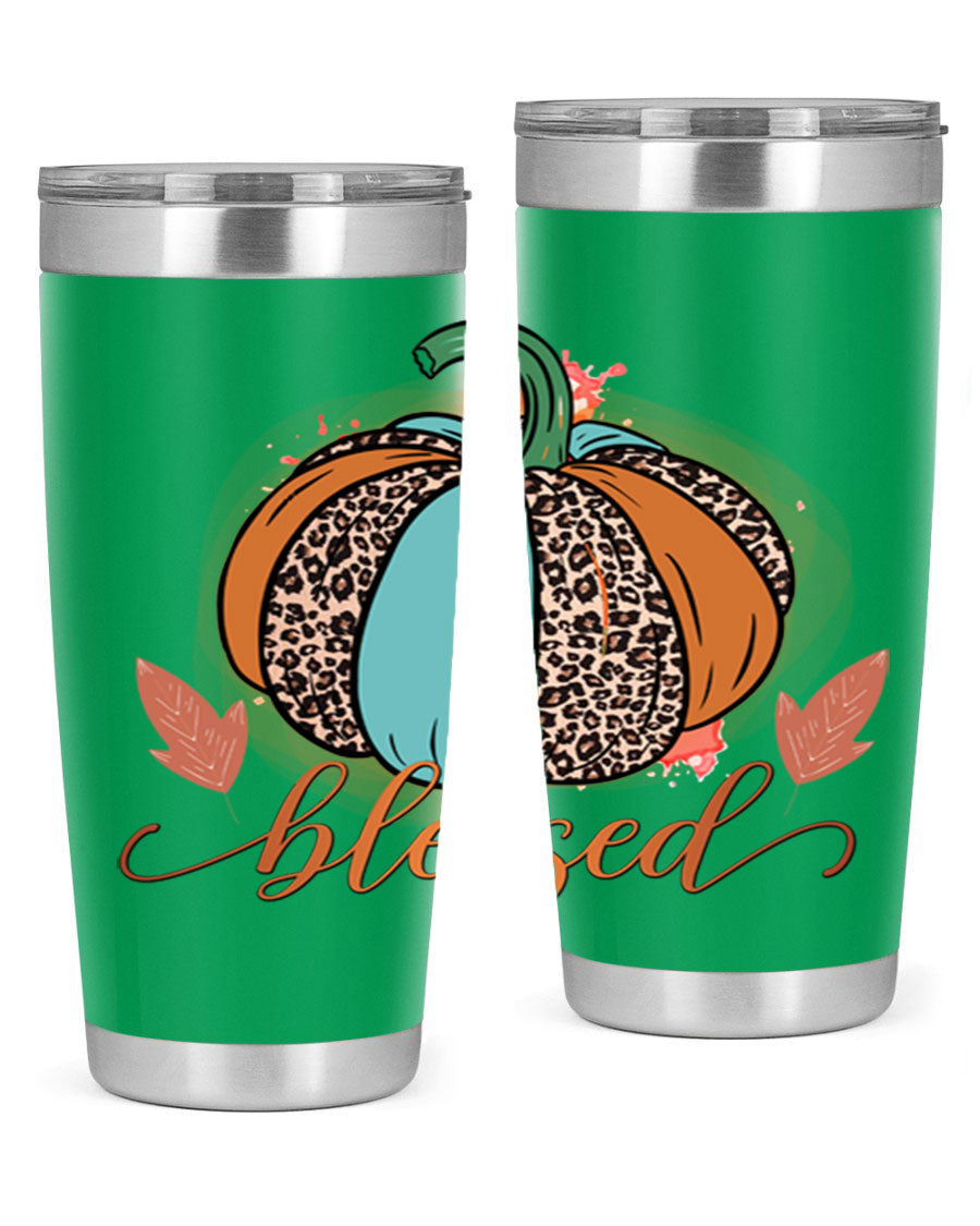 Blessed 50# Tumbler in stainless steel with a drink-thru lid, showcasing its sleek design and double wall insulation.