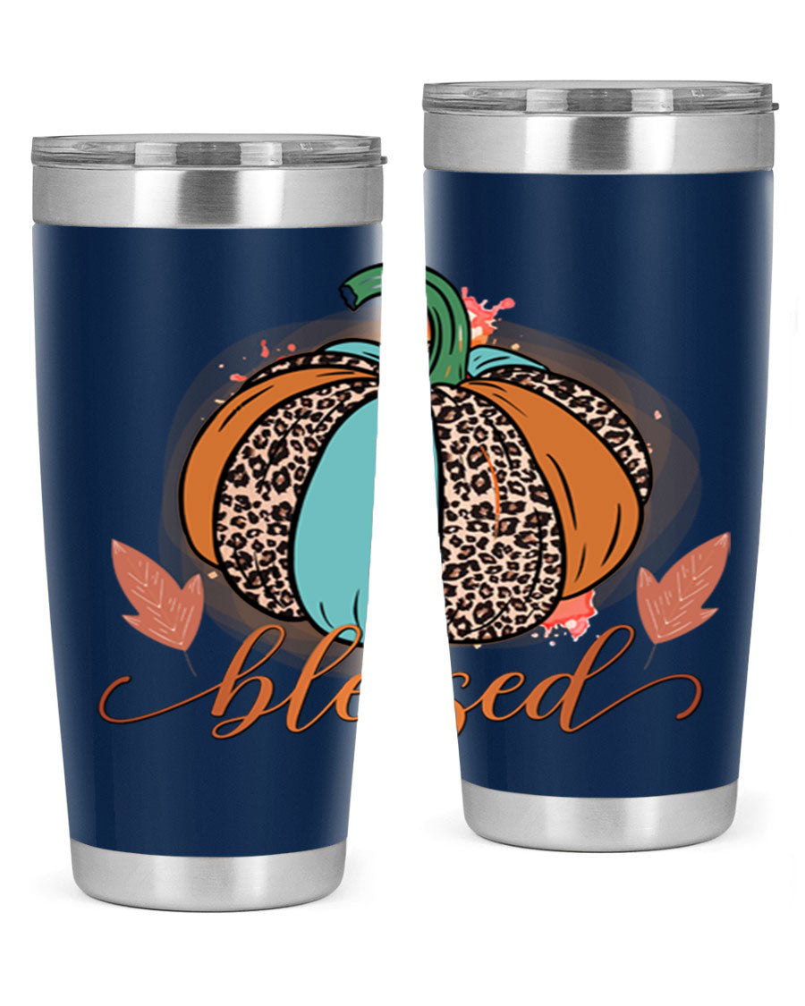 Blessed 50# Tumbler in stainless steel with a drink-thru lid, showcasing its sleek design and double wall insulation.