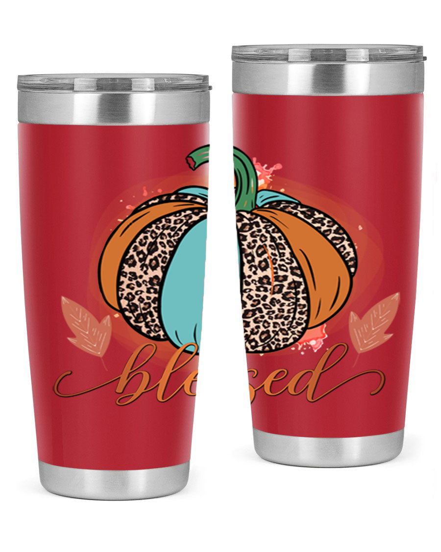 Blessed 50# Tumbler in stainless steel with a drink-thru lid, showcasing its sleek design and double wall insulation.