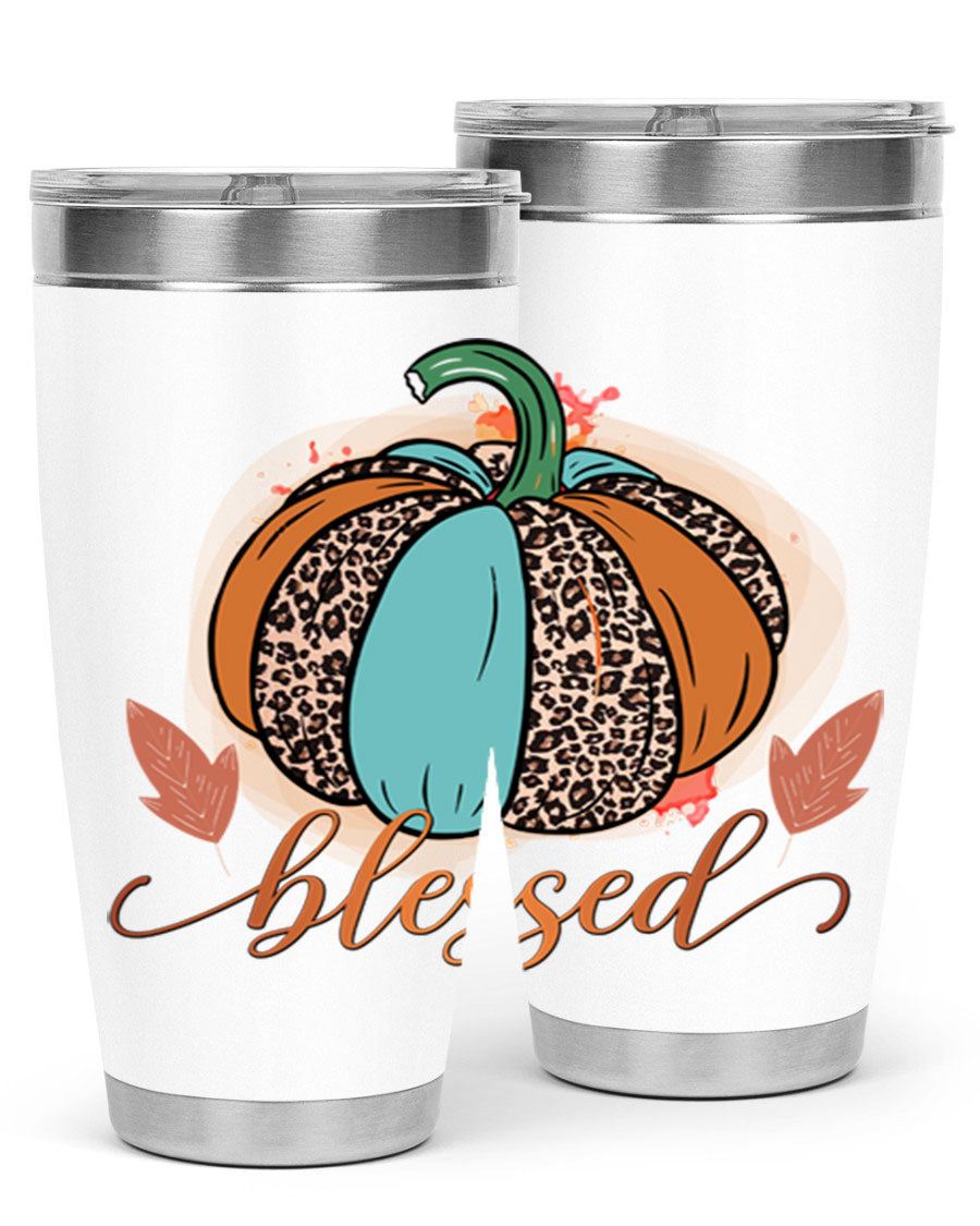 Blessed 50# Tumbler in stainless steel with a drink-thru lid, showcasing its sleek design and double wall insulation.