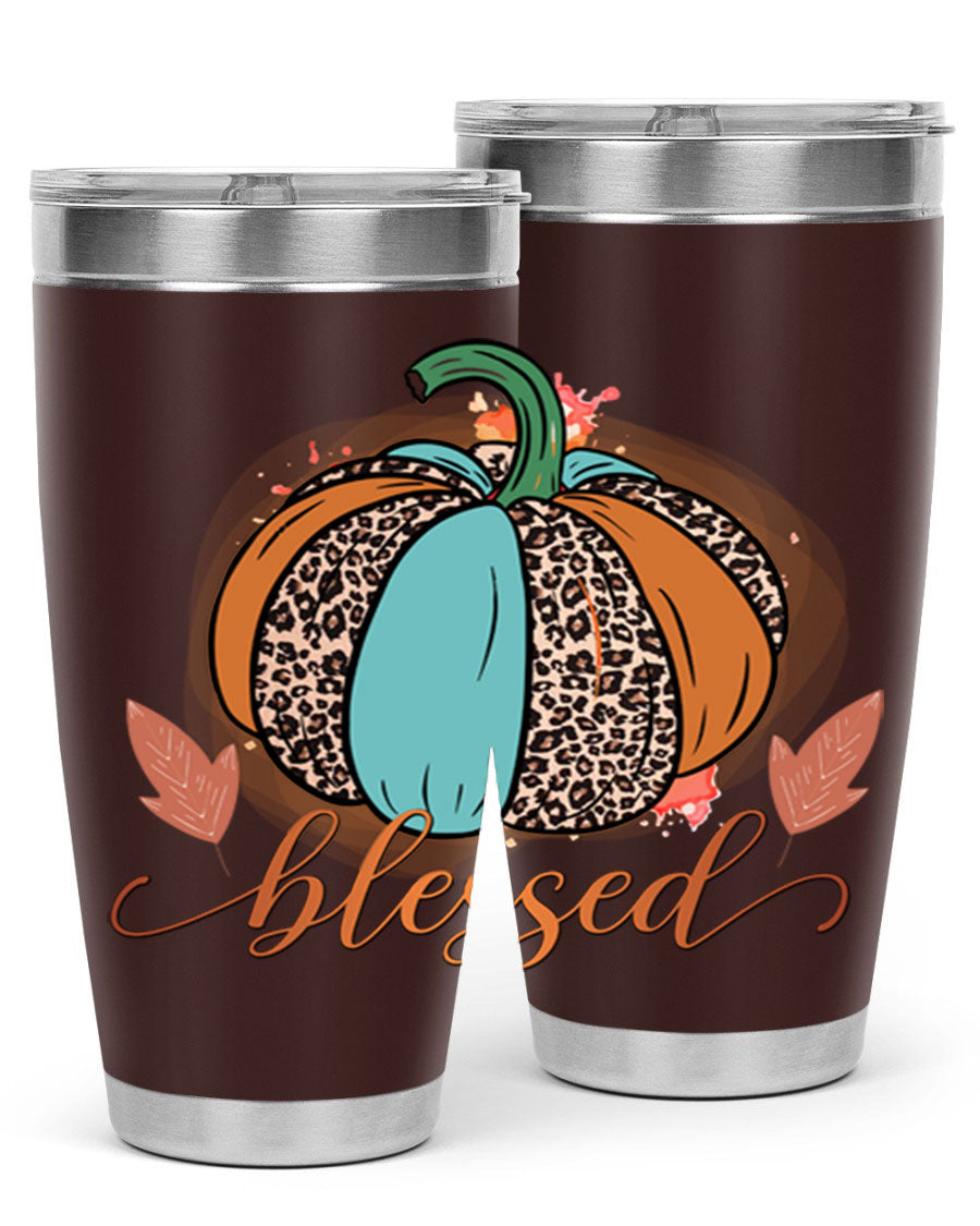 Blessed 50# Tumbler in stainless steel with a drink-thru lid, showcasing its sleek design and double wall insulation.