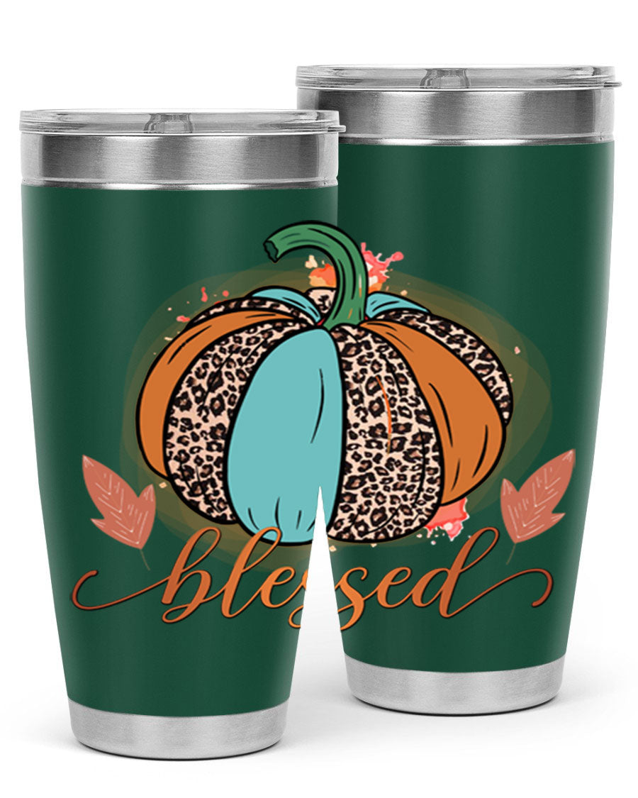 Blessed 50# Tumbler in stainless steel with a drink-thru lid, showcasing its sleek design and double wall insulation.