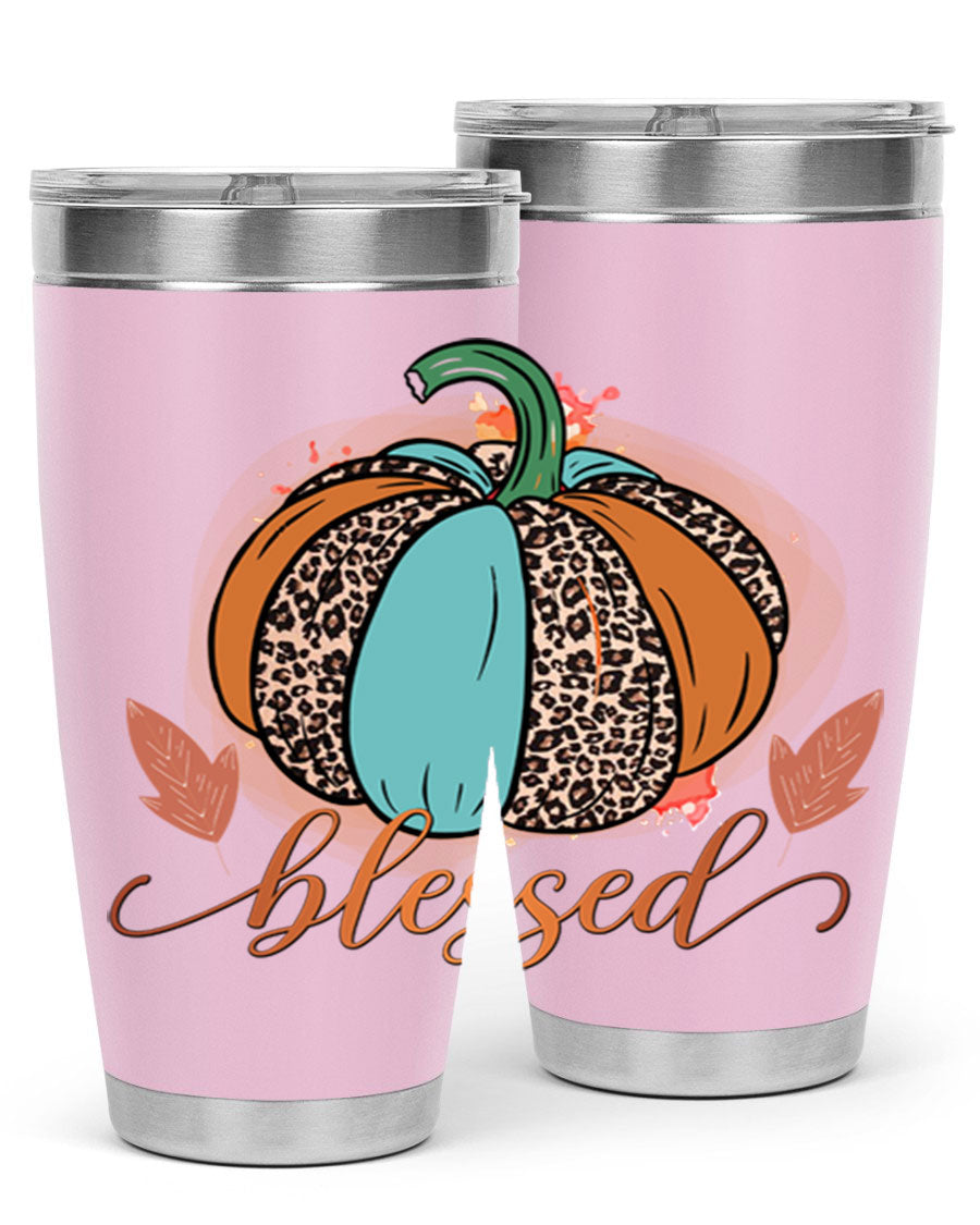 Blessed 50# Tumbler in stainless steel with a drink-thru lid, showcasing its sleek design and double wall insulation.