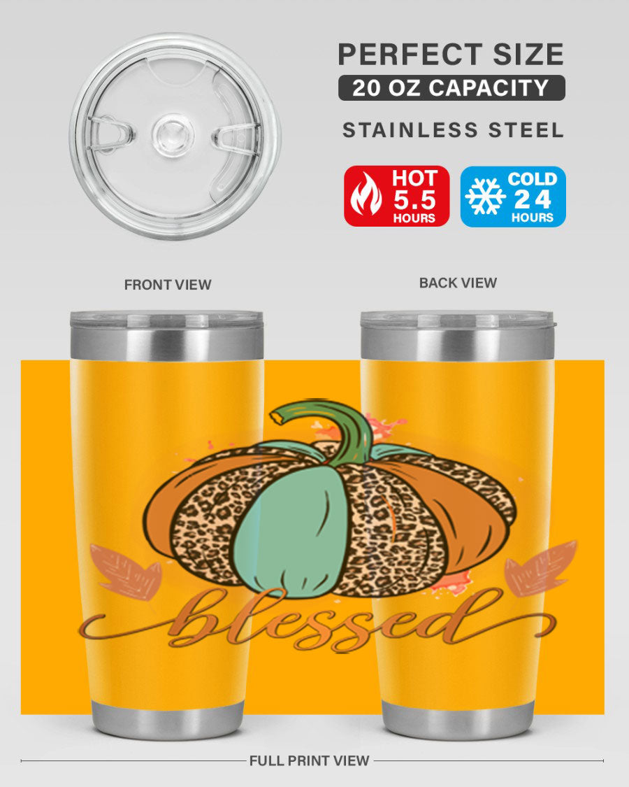 Blessed 50# Tumbler in stainless steel with a drink-thru lid, showcasing its sleek design and double wall insulation.