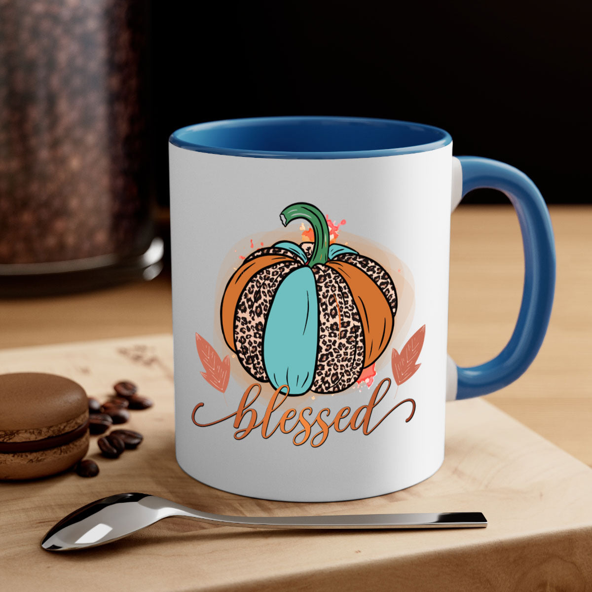 A stylish Blessed 50# Mug featuring a glossy finish, colored handle, and interior, available in five vibrant colors.