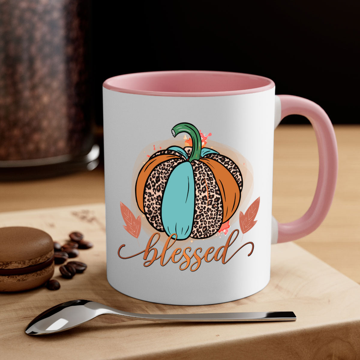 A stylish Blessed 50# Mug featuring a glossy finish, colored handle, and interior, available in five vibrant colors.