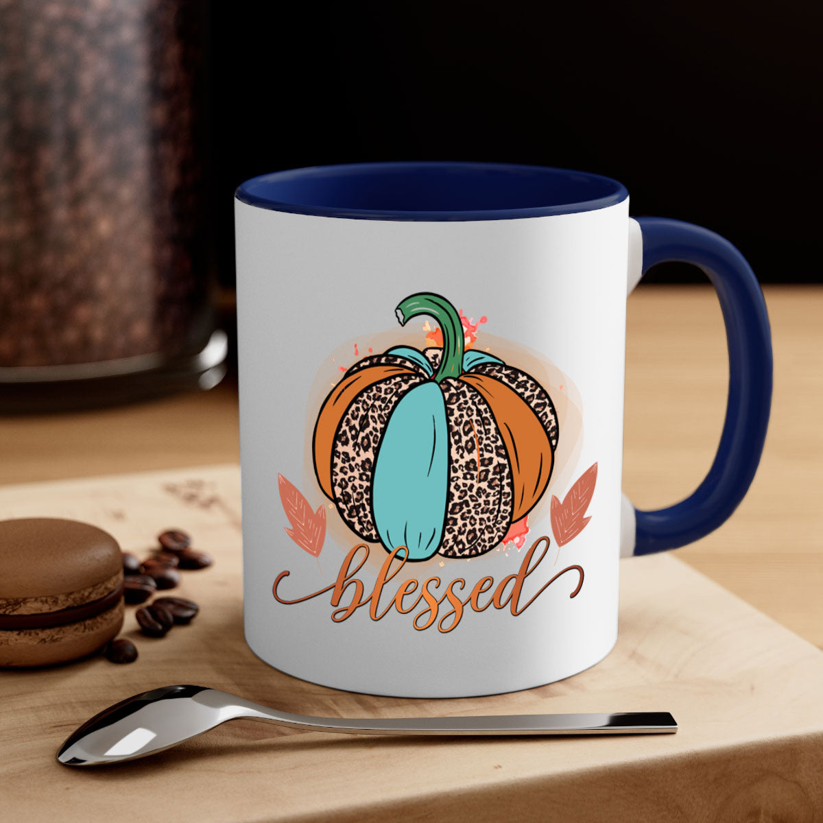 A stylish Blessed 50# Mug featuring a glossy finish, colored handle, and interior, available in five vibrant colors.