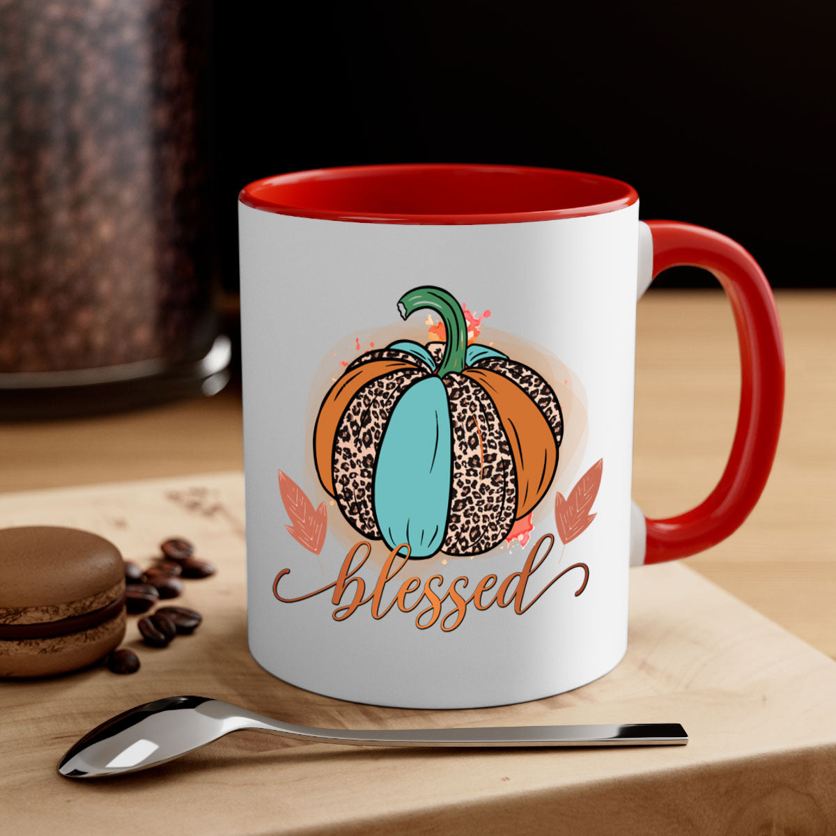 A stylish Blessed 50# Mug featuring a glossy finish, colored handle, and interior, available in five vibrant colors.