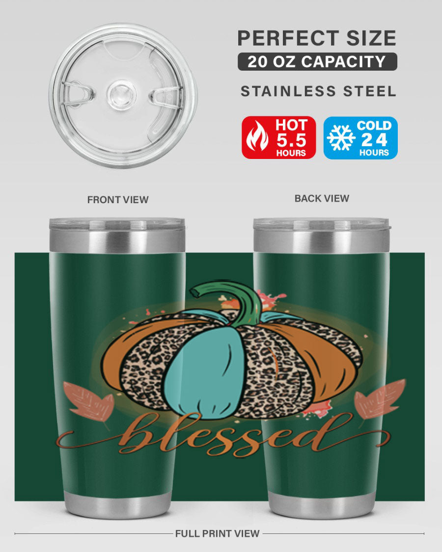 Blessed 52# fall tumbler in stainless steel with a vibrant design, showcasing its double wall vacuum insulation and drink-thru lid.