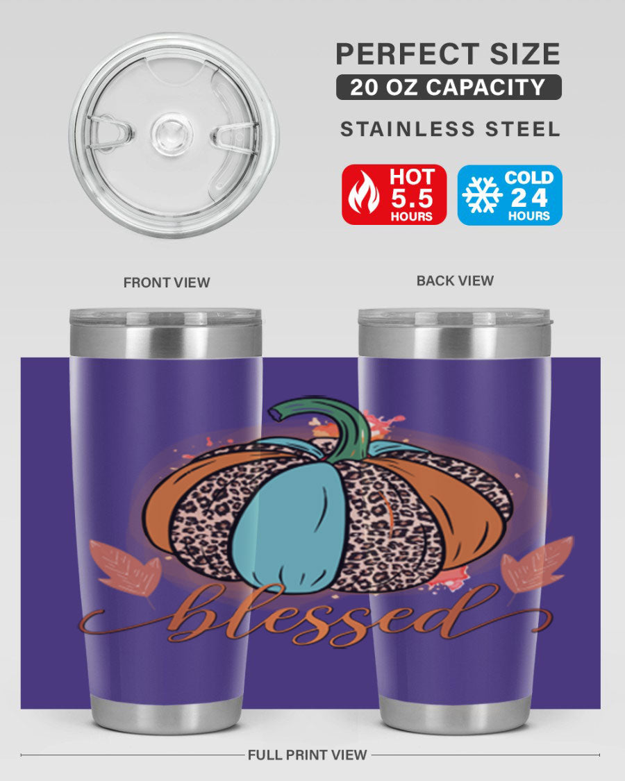 Blessed 52# fall tumbler in stainless steel with a vibrant design, showcasing its double wall vacuum insulation and drink-thru lid.