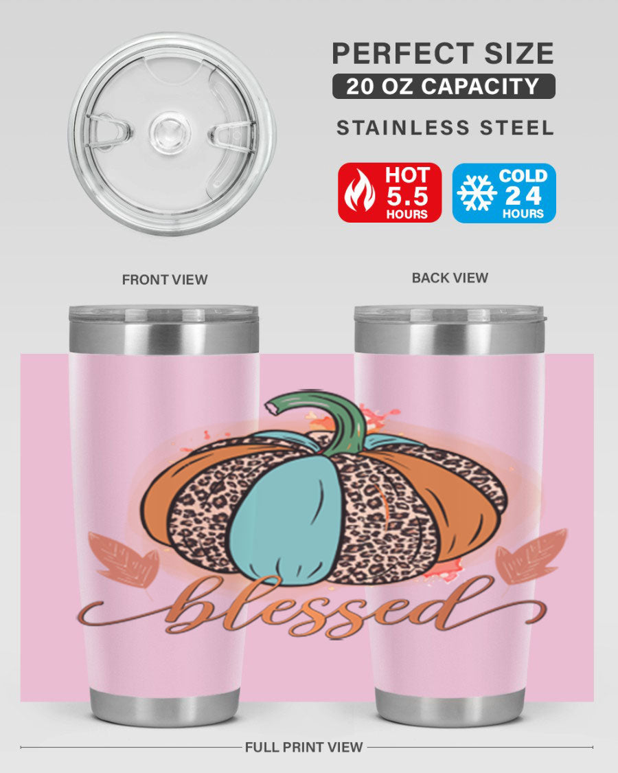 Blessed 52# fall tumbler in stainless steel with a vibrant design, showcasing its double wall vacuum insulation and drink-thru lid.