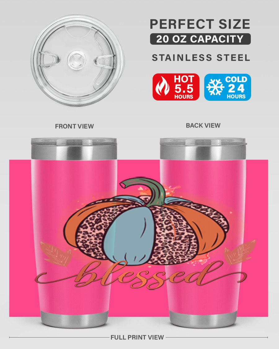 Blessed 52# fall tumbler in stainless steel with a vibrant design, showcasing its double wall vacuum insulation and drink-thru lid.