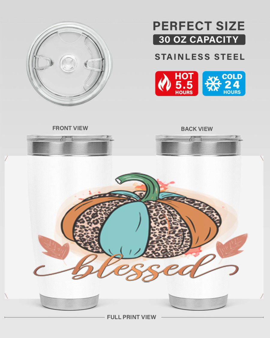 Blessed 52# fall tumbler in stainless steel with a vibrant design, showcasing its double wall vacuum insulation and drink-thru lid.