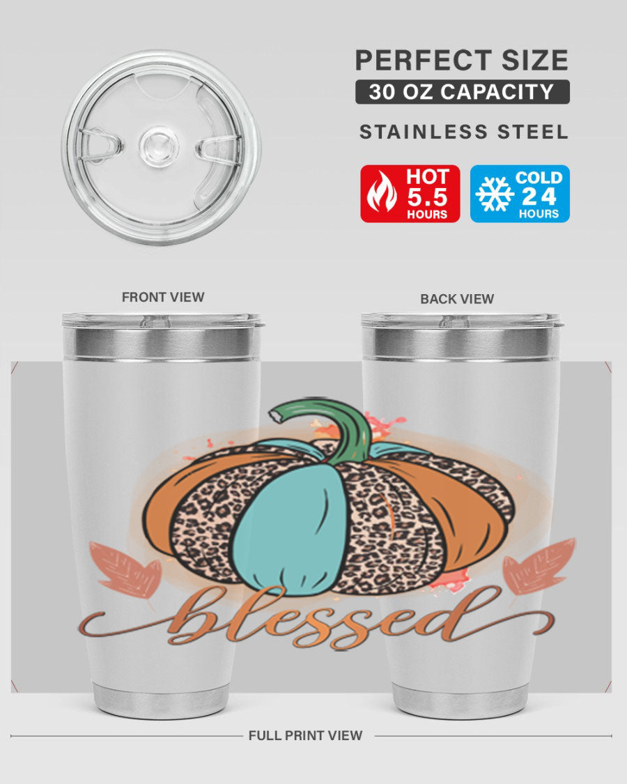 Blessed 52# fall tumbler in stainless steel with a vibrant design, showcasing its double wall vacuum insulation and drink-thru lid.