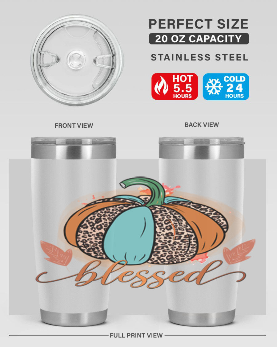 Blessed 52# fall tumbler in stainless steel with a vibrant design, showcasing its double wall vacuum insulation and drink-thru lid.