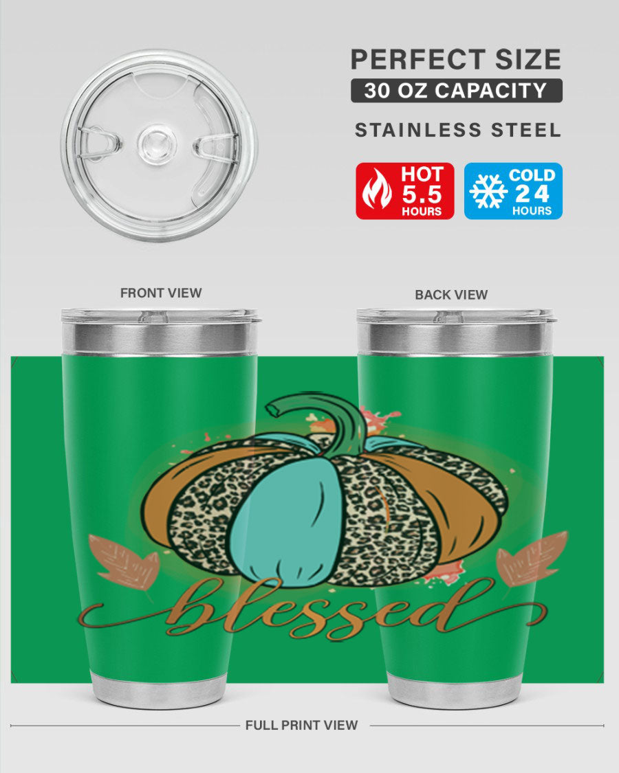 Blessed 52# fall tumbler in stainless steel with a vibrant design, showcasing its double wall vacuum insulation and drink-thru lid.