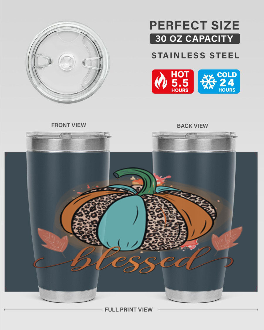 Blessed 52# fall tumbler in stainless steel with a vibrant design, showcasing its double wall vacuum insulation and drink-thru lid.