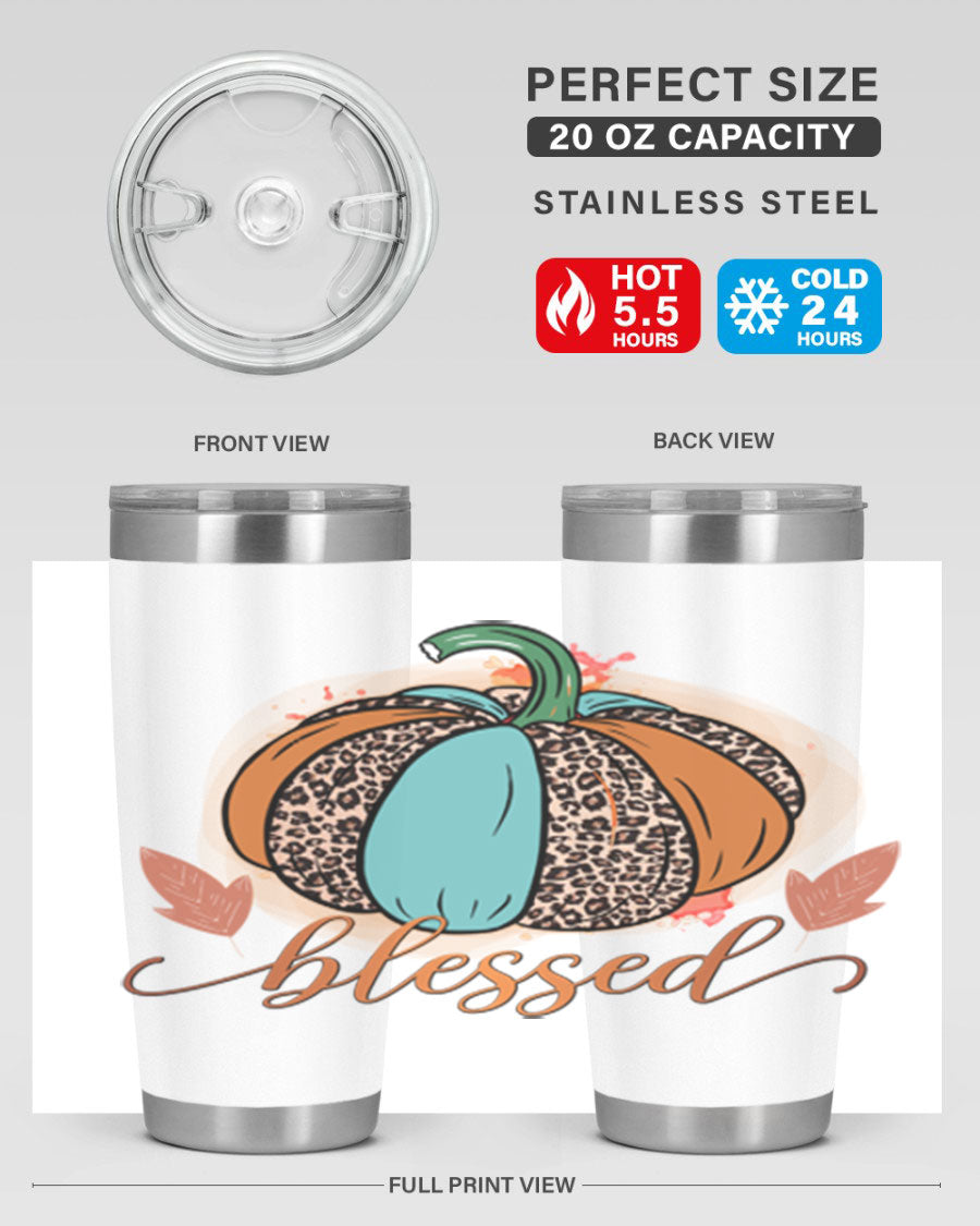 Blessed 52# fall tumbler in stainless steel with a vibrant design, showcasing its double wall vacuum insulation and drink-thru lid.