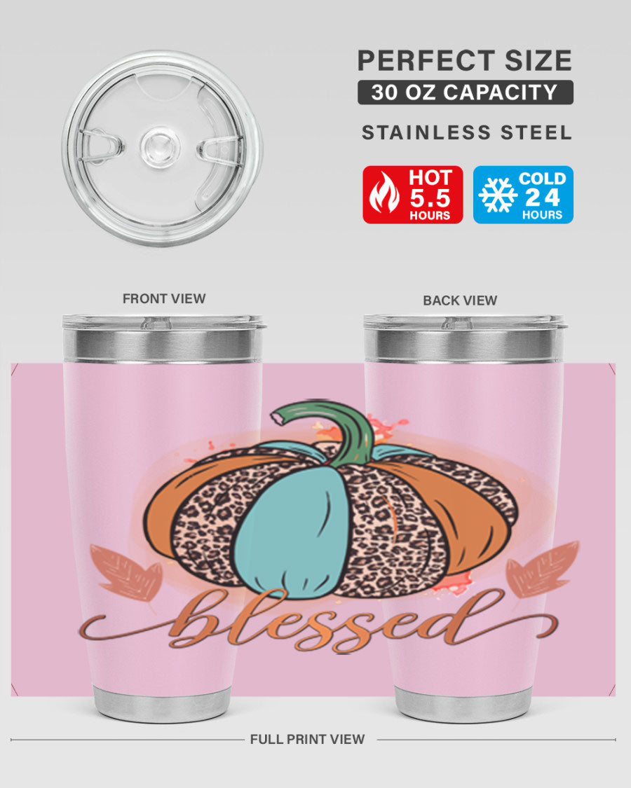 Blessed 52# fall tumbler in stainless steel with a vibrant design, showcasing its double wall vacuum insulation and drink-thru lid.