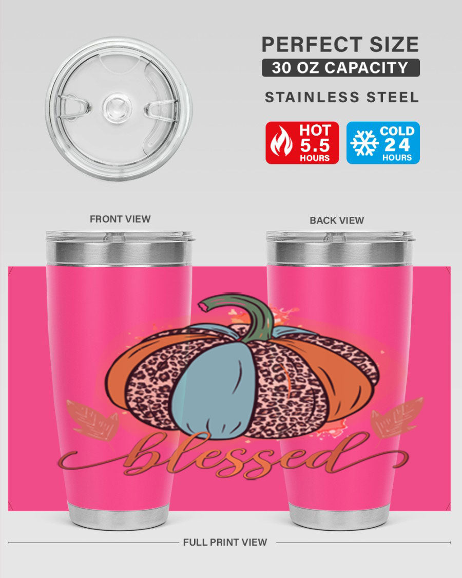 Blessed 52# fall tumbler in stainless steel with a vibrant design, showcasing its double wall vacuum insulation and drink-thru lid.