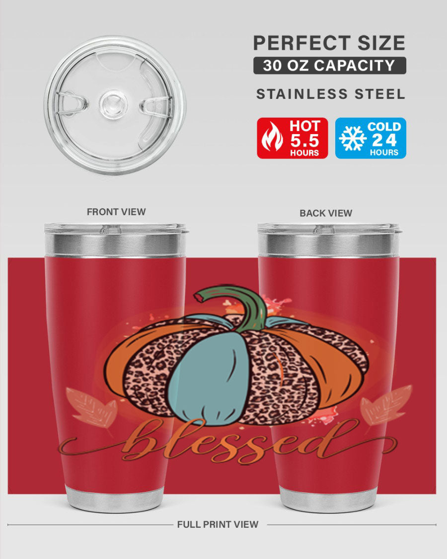 Blessed 52# fall tumbler in stainless steel with a vibrant design, showcasing its double wall vacuum insulation and drink-thru lid.