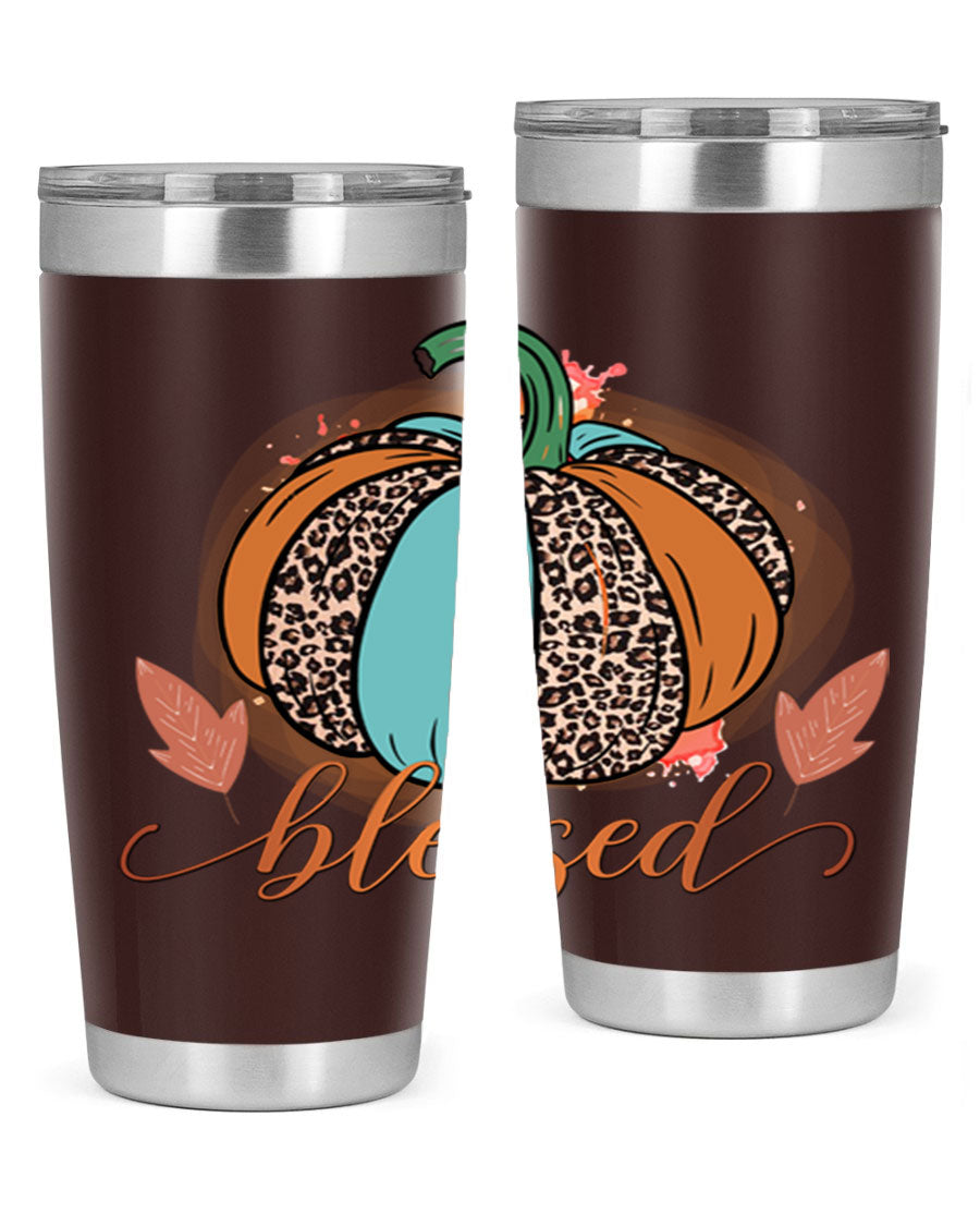 Blessed 52# fall tumbler in stainless steel with a vibrant design, showcasing its double wall vacuum insulation and drink-thru lid.