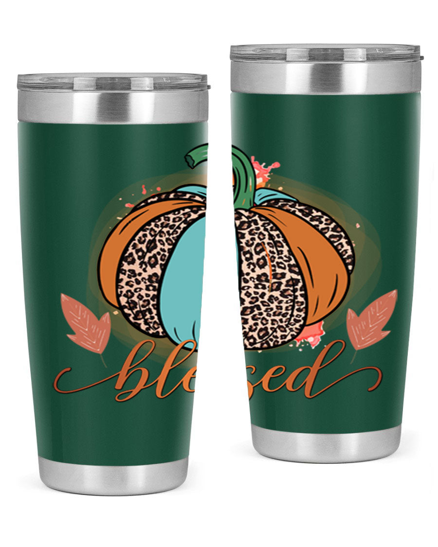 Blessed 52# fall tumbler in stainless steel with a vibrant design, showcasing its double wall vacuum insulation and drink-thru lid.