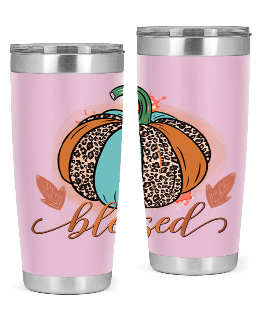 Blessed 52# fall tumbler in stainless steel with a vibrant design, showcasing its double wall vacuum insulation and drink-thru lid.