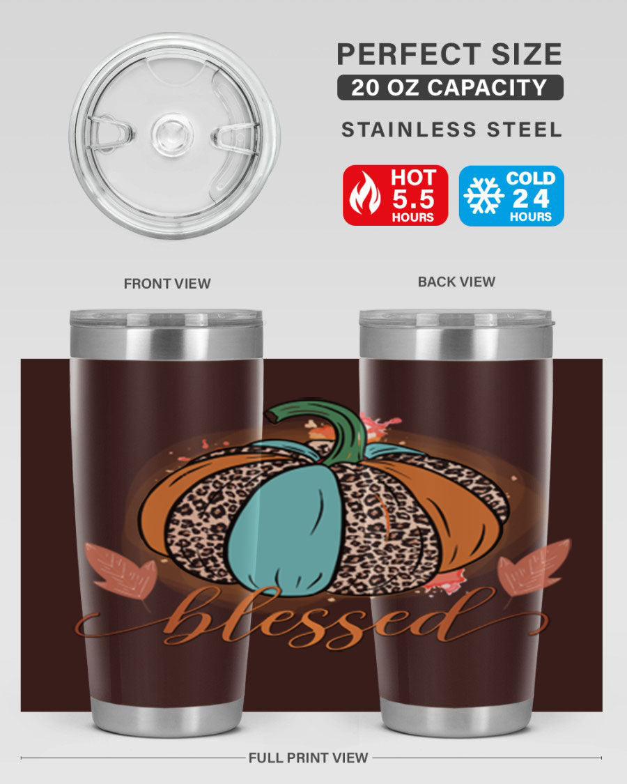 Blessed 52# fall tumbler in stainless steel with a vibrant design, showcasing its double wall vacuum insulation and drink-thru lid.