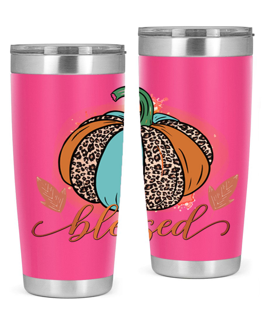 Blessed 52# fall tumbler in stainless steel with a vibrant design, showcasing its double wall vacuum insulation and drink-thru lid.