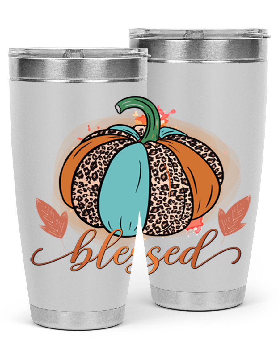 Blessed 52# fall tumbler in stainless steel with a vibrant design, showcasing its double wall vacuum insulation and drink-thru lid.