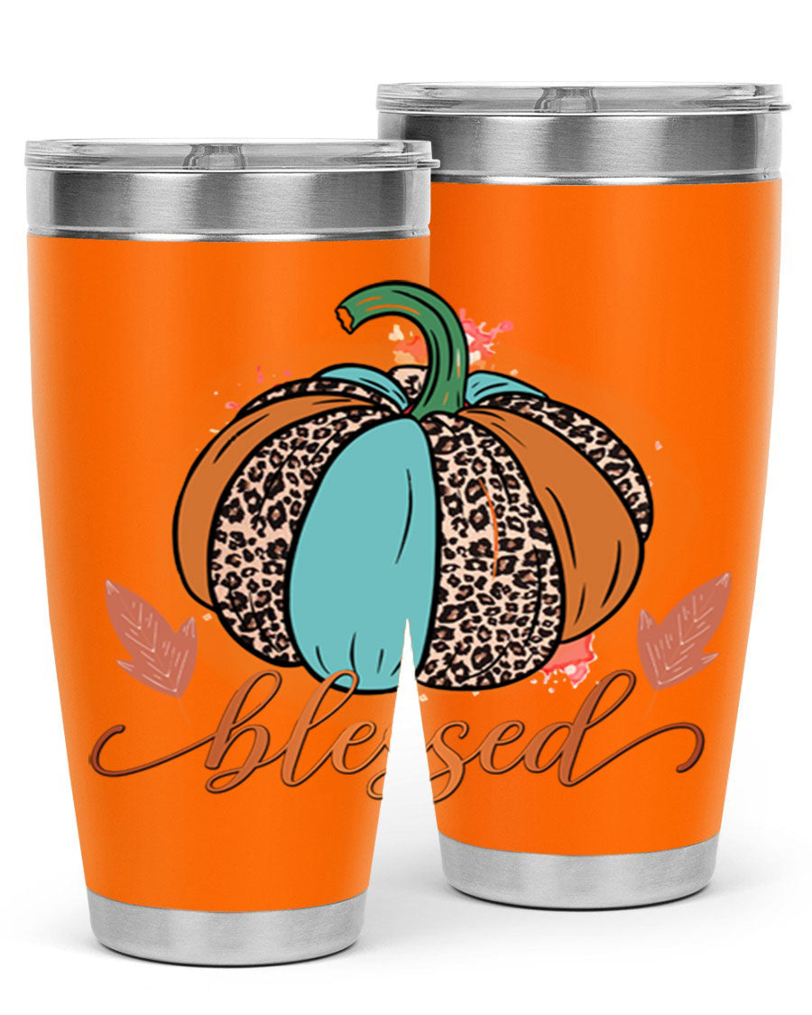 Blessed 52# fall tumbler in stainless steel with a vibrant design, showcasing its double wall vacuum insulation and drink-thru lid.